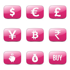 Currency Sign Square Vector Pink Icon Design Set