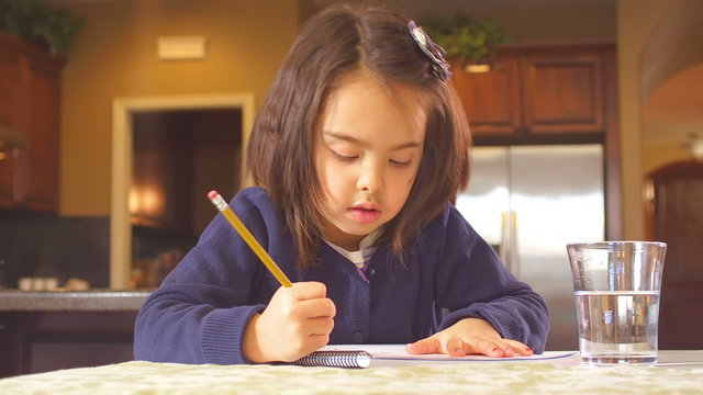 A little girl sits at the dinning room table and goes over her homework