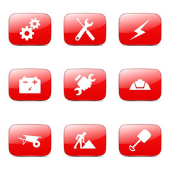 Construction Tools Square Vector Red Icon Design Set