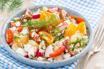 dietetic food - fresh salad with vegetables and cottage cheese
