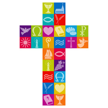 Kreuz aus bunten christlichen Symbolen / Vektor