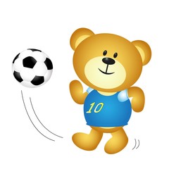 Cute cartoon boy bear playing soccer