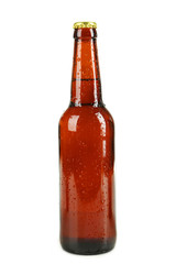 Bottle of beer with drops isolated on white