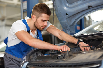 Portrait of a mechanic servicing a car at his workshop