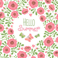 Season card Hello Summer with cute flowers and butterflies