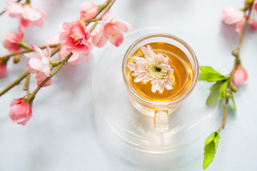 Tea with flowering branches on white table.