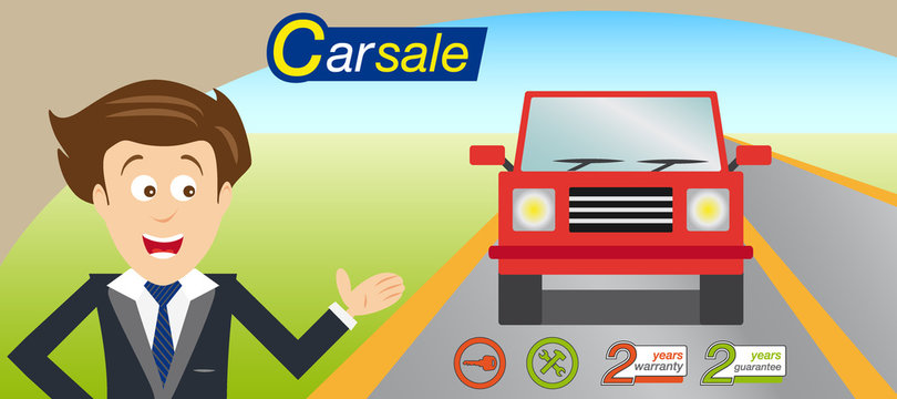 Sales man offering a car. Icons and logo vector. Off road car