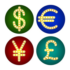 currency signs Dollar Euro Pound Yen Gr Badge  light background