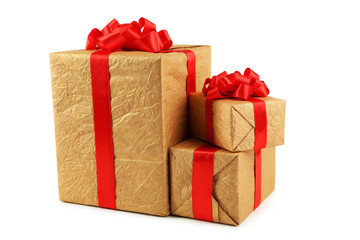 Gift box with red bow isolated on white