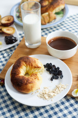 Croissants with glass of milk and chocolate