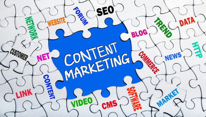 Naklejka na ściany i meble content marketing concept with pieces of puzzle showing related