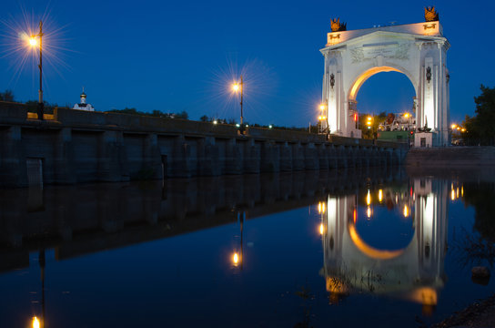 Evening view, with reflection on water arch, Volga-Don Canal
