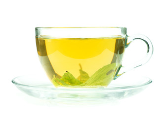 Cup of fresh green tea isollated on white