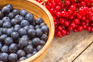 Wild berries on wood background.
