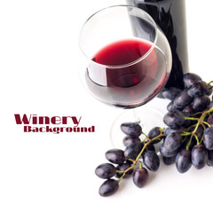 Glass of red wine with bunch of grapes  and bottle