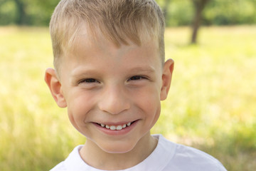 Cheerful smiling small boy at summer park 