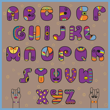 Hipster Alphabet. Funny purple and orange letters