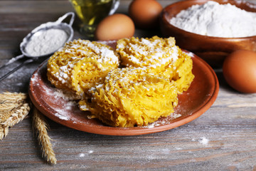 Still life of preparing pasta on rustic wooden background