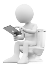 3D white people. Man sitting on the toilet with his tablet