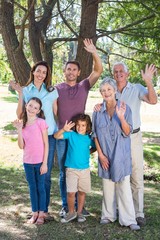 Extended family smiling in the park