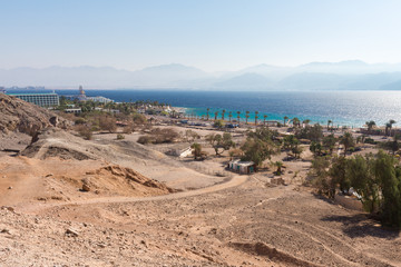 Fototapeta na wymiar Eilat Red sea shoreline beach hotels.