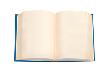 An open book with blue cover and empty pages