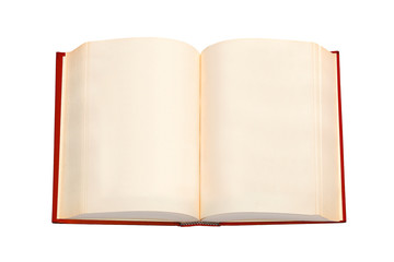 An open book with red cover and empty pages