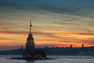 View of the Maiden tower on a sunset, Istanbul