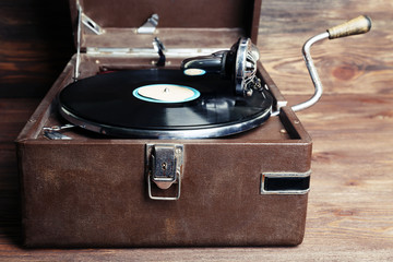 Vintage turntable vinyl record player close up