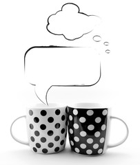 Coffee mugs with blank sketchy speech bubbles isolated on white
