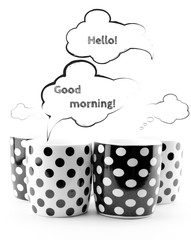 Coffee mugs with speech bubbles isolated on white background