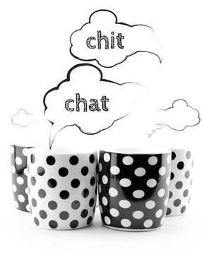 Coffee mugs with speech bubbles Chit chat isolated on white 