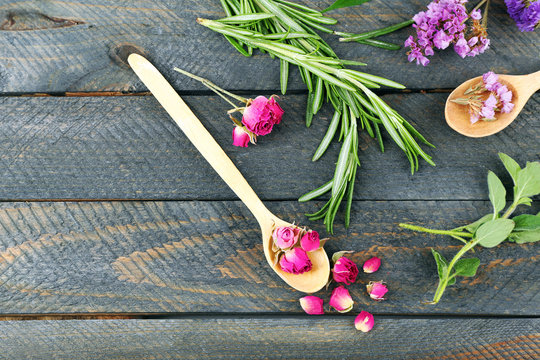 Green herbs and leaves on wooden  table, top view