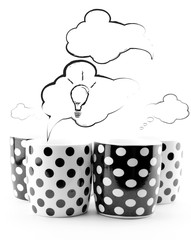Coffee mugs with speech bubbles and light bulb isolated 