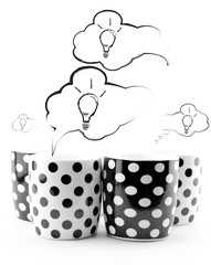 Coffee mugs with speech bubbles and light bulbs isolated