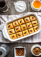 sweet baklava with honey and nuts, rustic, traditional Turkish d