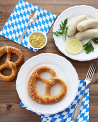 Munich white sausages with mustard and pretzel