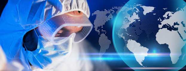 close up of scientist face in chemical lab