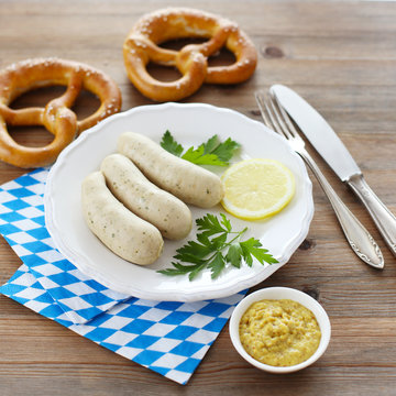 Munich white sausages with mustard and pretzel