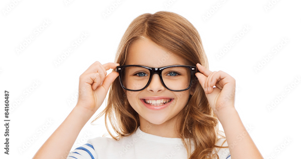 Sticker smiling cute little girl with black eyeglasses