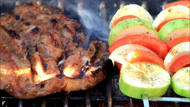 steak and vegetable Kabobs on the Barbecue 
