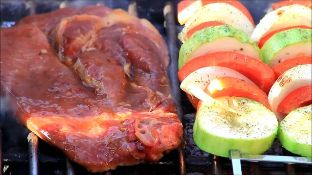 steak and vegetable Kabobs on the Barbecue 
