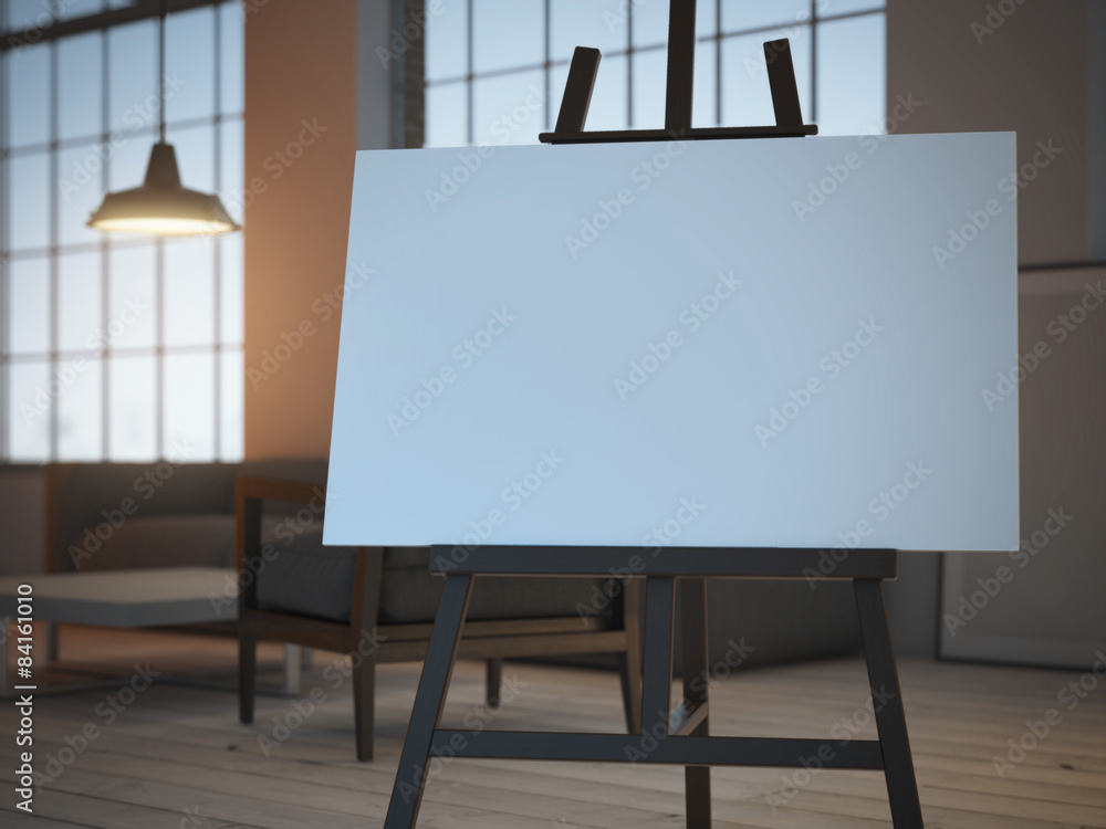 Poster easel with empty canvas . 3d rendering