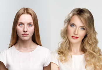 comparison two portraits before and after makeup and retouch - obrazy, fototapety, plakaty