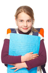 education, girl schoolbag holding folders smiling