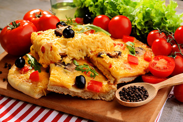 Delicious homemade pizza on table close-up