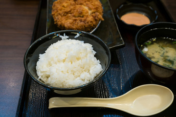 Fried pork and japanese rice in the bento set