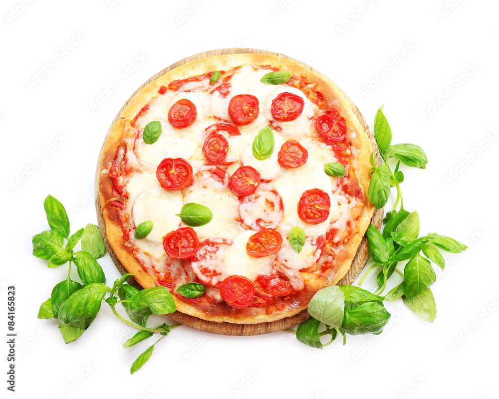 Wall mural delicious pizza with cheese and cherry tomatoes isolated on white