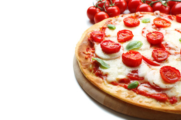 Delicious pizza with cheese and cherry tomatoes isolated on white