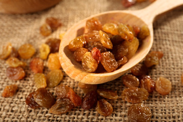 Raisins on sackcloth, closeup